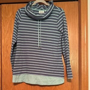 Denim&Co Blue Striped Long Sleeve Waffle Knit Cowl Neck Top